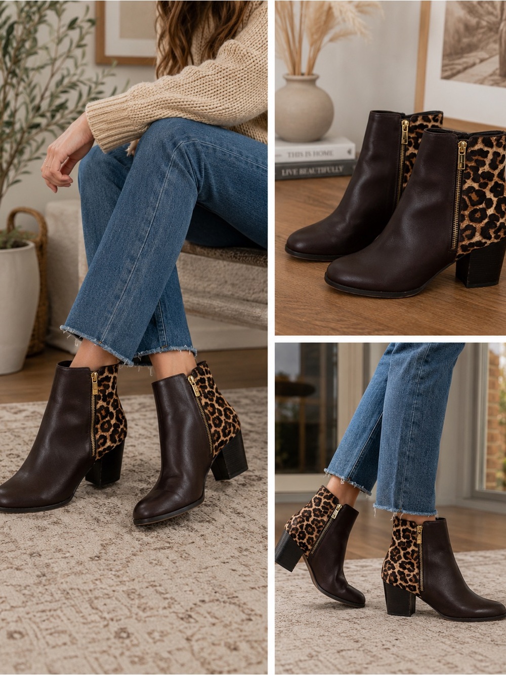 Michael Kors Silvy Dark Brown Leather Ankle Boots sz 9 Leopard-Print Block Heel